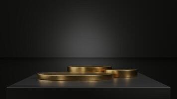 Two golden podiums with a smooth surface and a black backdrop. photo