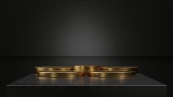 Golden podiums arranged in a triangular shape on a black table with dramatic lighting. photo