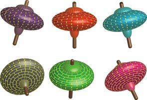 Collection of colorful spinning tops in various positions vector