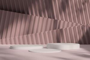 Two white podiums placed in a minimalist setting with soft lighting, ideal for showcasing modern design concepts. photo