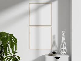 A framed square mockup set in a bright white room with soft lighting and minimalist decor, ideal for displaying custom artwork or inspirational quotes. photo