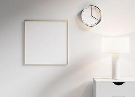 Square black frame mockup hanging on a white wall with soft lighting, ideal for showcasing creative designs or photography. photo