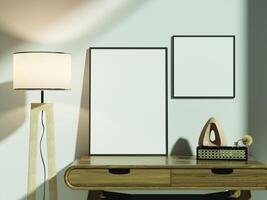 Minimal frame mockup placed on a wooden desk, with a cozy and ambient living room backdrop, ideal for digital artwork or photography display. photo