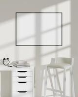 Light room with a soft, neutral color palette, featuring a blank picture frame mockup on the wall and a stylish white chair beside a desk. photo
