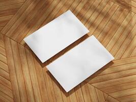 Modern business card design mockup featuring two cards on a wooden background with an elegant layout. photo