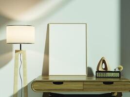 Stylish wooden-framed poster mockup placed on a desk with a decorative object and a soft ambient light in the background. photo