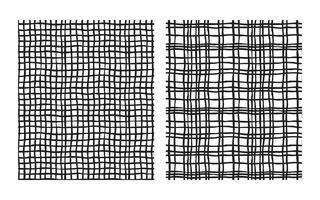 amless hand-drawn checkered pattern with square, mesh, and plaid elements. Black and white geometric background featuring uneven vertical and horizontal doodle-style stripes. vector
