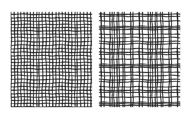 amless hand-drawn checkered pattern with square, mesh, and plaid elements. Black and white geometric background featuring uneven vertical and horizontal doodle-style stripes.