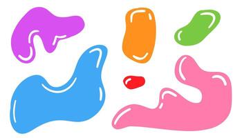 Set of liquid organic shapes featuring abstract, irregular random blobs. Colorful wavy bubbles and drops in trendy Y2K style, perfect for modern designs, digital art, and creative visuals. vector