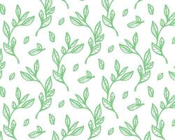 Seamless pattern with green leaves brush branches. Olive, eucalyptus, and laurel twigs in modern ornament style. Hand-drawn ink texture with abstract plant motifs. vector