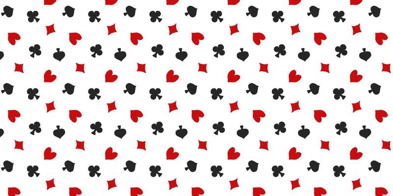 Seamless pattern with red and black crayon drawn hearts, diamonds, clubs, spades. Gambling game, casino symbol illustration. Hand drawn funky wrapping paper