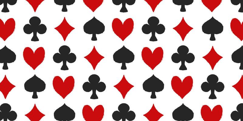 A seamless pattern featuring red and black crayon-drawn hearts, diamonds, clubs, and spades. A illustration of gambling game and casino symbols. Hand-drawn funky wrapping paper