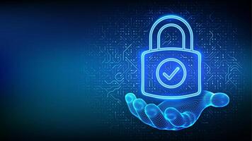 Padlock icon. Cybersecurity. Data protection. Padlock with Check mark icon in wireframe hand. Network safety. Information privacy idea. Circuit board pattern. PCB printed circuit texture. . vector