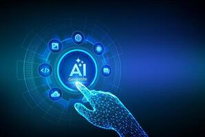 Generate with AI button. Artificial intelligence and Machine learning technology concept. AI enters by command prompt to generate ideas. Closeup finger about to press a Generate AI button vector