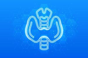 Thyroid gland icon. Thyroid health care. Awareness of Endocrine diseases hyperthyroidism, hypothyroidism. Endocrinology. Molecular structure. Blue medical background with hexagons vector