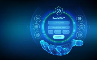 Online payment concept. Online banking digital technology. Online payment via banking application. Online shopping. Financial transaction. Digital interface in wireframe hand. illustration. vector