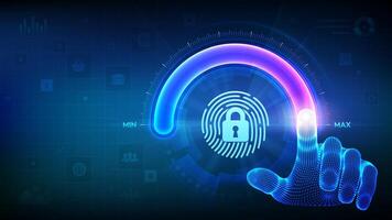 Increasing Privacy Security level. Enhance personal data protection level. Hand is pulling up to the maximum position circle progress bar with the fingerpring and lock icon. illustration. vector
