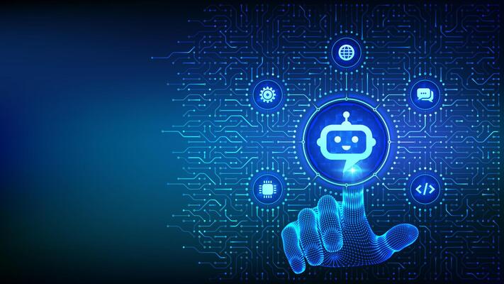 Chatbot. Chatbot assistant app. Smart assistant. AI. Artificial intelligence technology concept. Background with circuit board connections and tech icons. Hand pressing button. Illustration.