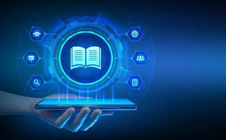 E-learning. Innovative online education and internet technology concept. Webinar, teaching, online training courses. Skill development. Smartphone in hand. Using smartphone. illustration. vector