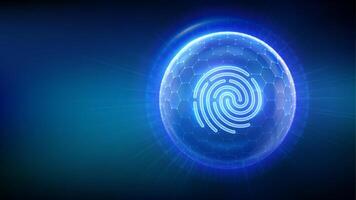 Personal data protection. Biometrics identification. Cyber security. Password control. Fingerprint icon inside transparent sphere shield with hexagon pattern on blue background vector