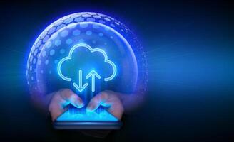 Cloud computing technology concept. Secure cloud storage. Secure data exchange via smartphone. Cloud icon inside transparent protection sphere shield with hexagon pattern. Data protection vector