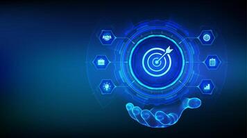 Business targetting icon in wireframe hand. Planning development leadership. Customer Relation Management and customer target group technology concept on virutal screen vector