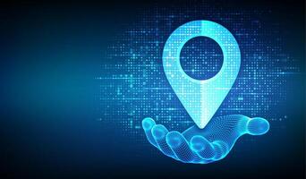 Point of location icon made with binary code in wireframe hand. Pointer of map. Gps pointer. Navigation pin point global position system symbol. Digital background with digits 1.0. Illustration vector