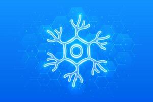 Nerve cell icon. Human neuron cell, unit of the nervous system. Nerve health. Neural communication, brain function. Molecular structure. Blue medical background with hexagons vector