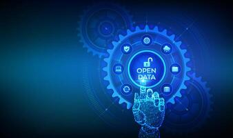 Open data database. Digital file storage system. Online documentation database technology concept. DMS. Integration API. Hand touching digital interface with connected gears cogs and icons. vector