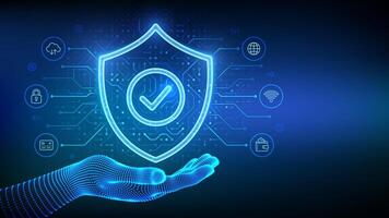 Security shield. Cyber security. Protection shield with Check mark icon in wireframe hand. Cyber data protection. Information privacy idea. Network safety. Circuit board pattern vector