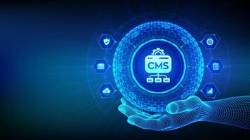 CMS. Content Management System concept. Website and document management, web development, digital solutions. Data integration. 3D sphere with a hexagonal surface and CMS icon in hand. . vector
