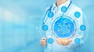 Neurology medical concept. Nerve health. Neural communication, brain function. Human neuron cell. Doctor holding in hand Nerve cell icon and medical icons network connection. illustration. vector