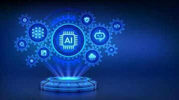 AI. Artificial intelligence technology concept. Holographic platform with glowing rays forming a projection of interconnected gears with icons. Neural networks. Machine learning. illustration. vector