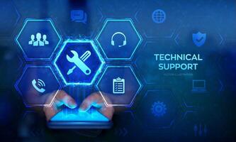 Technical support. Customer help. Tech support application interface on virtual screen. Customer service, Business and technology concept. Smartphone in hands. Using smartphone. illustration. vector