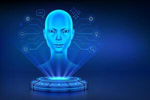 AI chatbot. AI assistant. AI agent. Holographic platform with glowing rays forming a projection of a cyborg woman head. Technology concept of artificial intelligence, automation vector