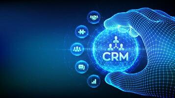 CRM. Customer Relationship Management. Customer service and relationship. Enterprise Communication and planning concept. CRM icon inside glowing sphere in wireframe hand. illustration. vector