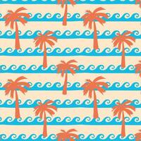 Marine retro seamless pattern with palm trees and sea. Summer print. vector