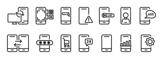 Set of smartphone related device line icons. phone scanner, warning, live, message ads, screen lock, shopping cart, etc. vector