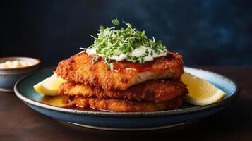 Stacked crispy fish with lemon and microgreens. photo