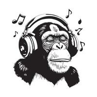 Chimpanzee with Headphones Silhouette Cool Monkey Art Illustration for Prints and Designs vector