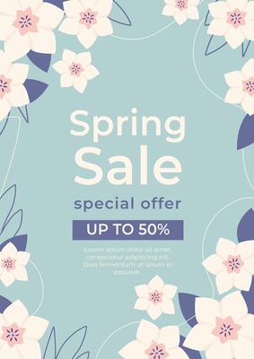 Sale poster with white flowers on pastel color background. Advertising template with floral elements. template for poster, card, social media, mobile apps, web.