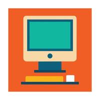 Retro computer flat illustration with monitor keyboard and mouse on orange background vector