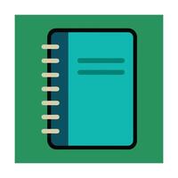Flat graphic of teal blue spiral notebook on green background for education vector