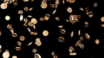 Golden coins fall gracefully, adding element of excitement and intrigue. The dark background highlights their shimmering surfaces as they tumble freely, representing fortune. Money, win, 3D animation. video