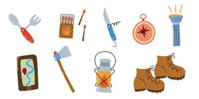 Set of campfire elements. Hiking set. vector