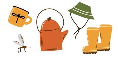 Hiking set with rubber boots, had, kettle and mug vector