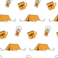 Camping seamless pattern with tent, mug and light vector