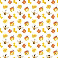 Cute pattern with bee, honey and flowers. vector