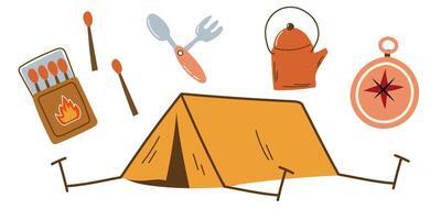 Set of hiking elements. Campfire set. Camping. vector