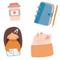 Set with journalling elements. Girl with notebook. Journal and coffee. vector